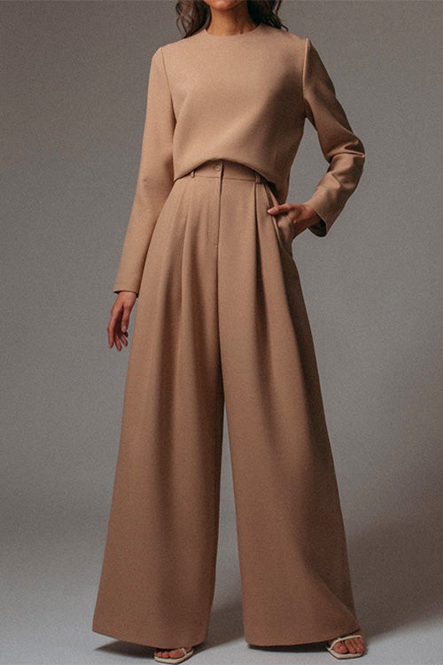 Crewneck Long Sleeve Pullover and Wide Leg Pants Solid Set Coffee