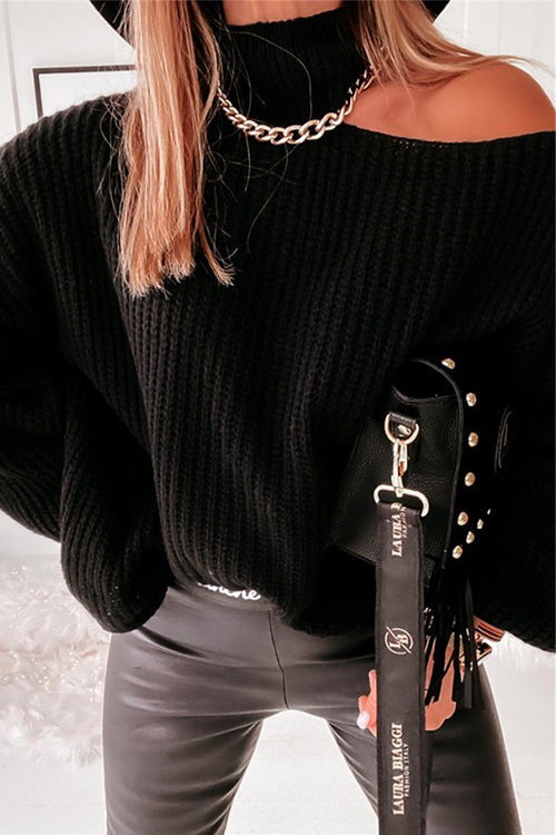 Mockneck Cold Shoulder Long Sleeve Loose Sweater