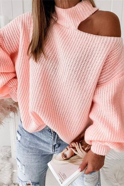 Mockneck Cold Shoulder Long Sleeve Loose Sweater Pink