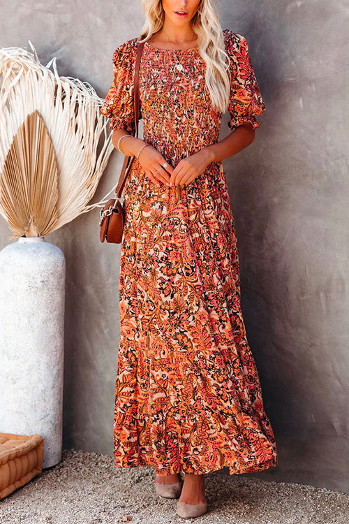 Half Sleeve Elastic Frilled Waist Swing Printed Dress Orange