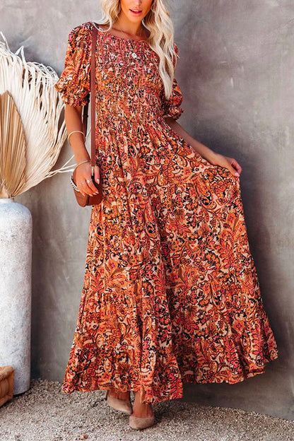 Half Sleeve Elastic Frilled Waist Swing Printed Dress