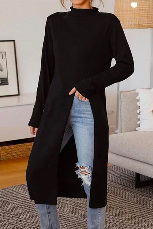 Solid Turtleneck Long Sleeve High Split Dresses