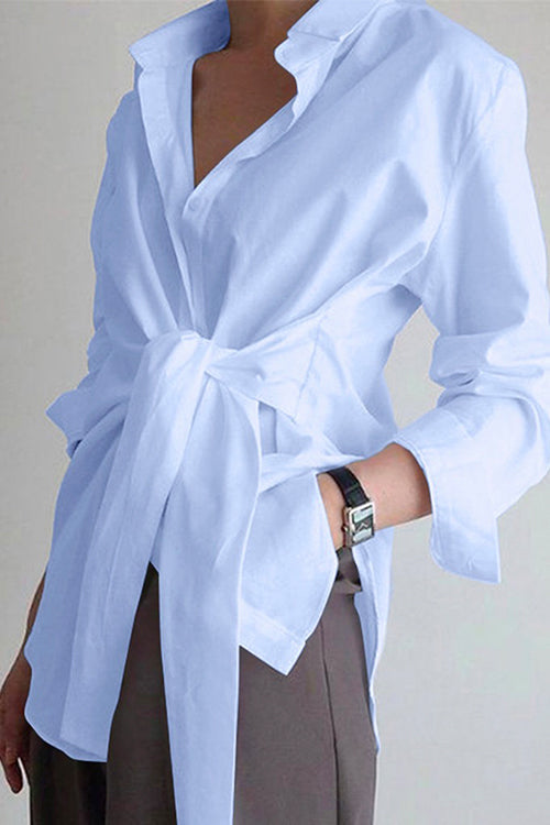 Lapel Long Sleeve Button Down Knot Front Shirt LightBlue