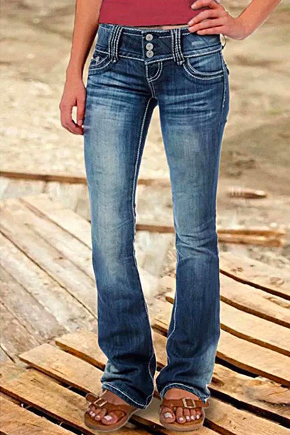 Button Down Bell Bottom Jeans with Pockets DarkBlue