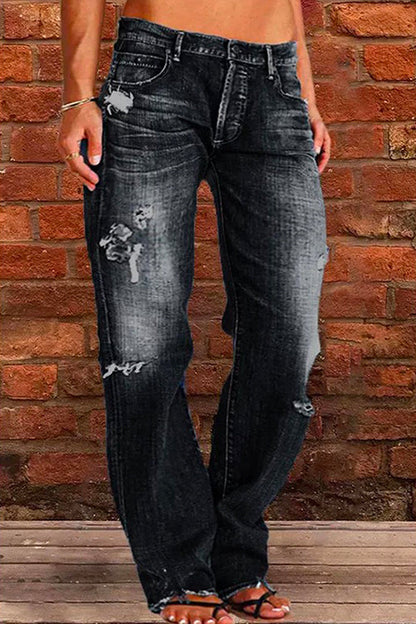 Casual One Button Ripped Jeans with Pockets Black