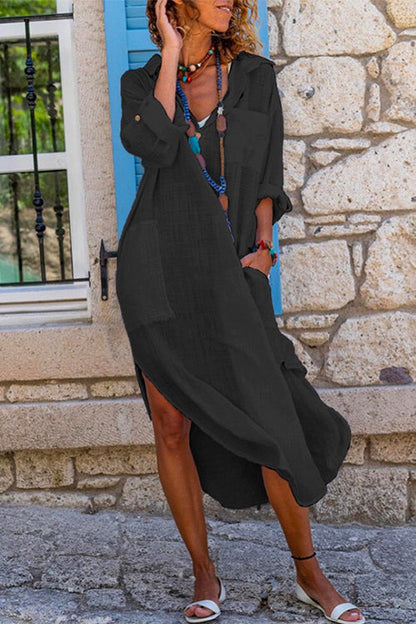Buttons Side Split Cotton Linen Shirt Dress with Pockets Black