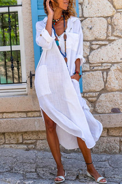Buttons Side Split Cotton Linen Shirt Dress with Pockets White