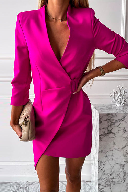 Solid Wrap V Neck High Waist Blazer Dress HotPink