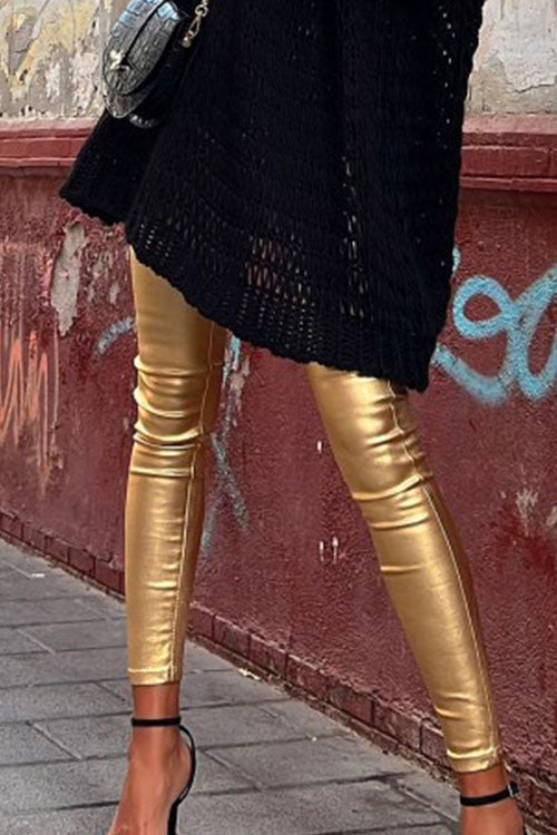 Solid Slim Fit Faux Leather Leggings Pants