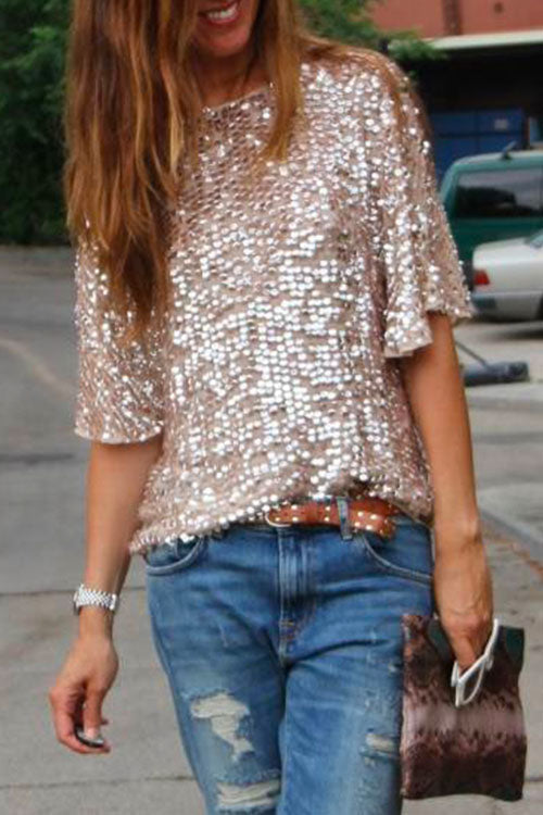 Crewneck Half Sleeve Sequin T Shirt