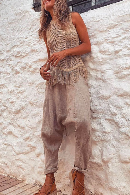 Tassel Crewneck Sleeveless Hollow Out Cover Up