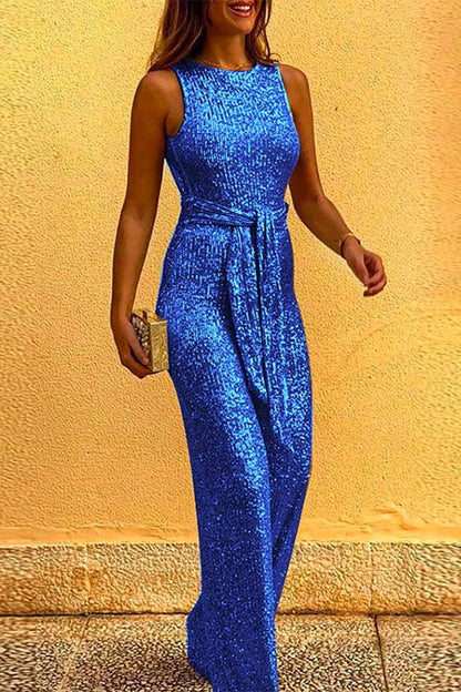 Crewneck Sleeveless Tie Waist Sequin Jumpsuit