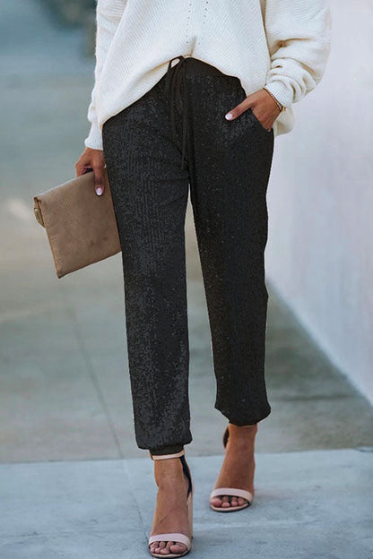 Tie Waist Sequin Joggers Pants with Pockets Black