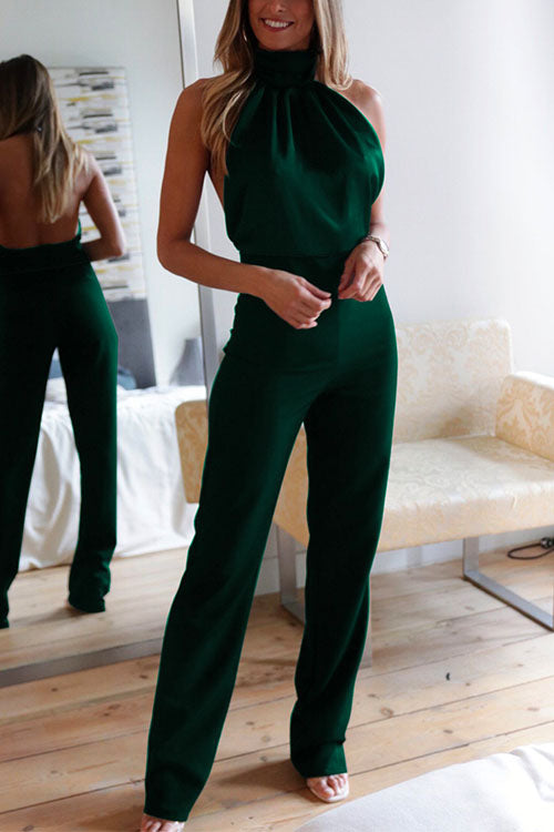 Halter Neck Sleeveless Satin Slim Fit Jumpsuit