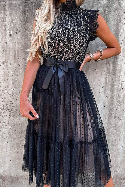 Fashion Style Mockneck Sleeveless Lace Swing Dress Black
