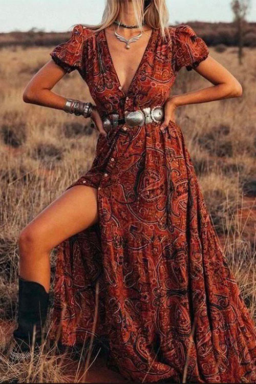 Bohemia V Neck Short Sleeve Printed Swing Dress Brown
