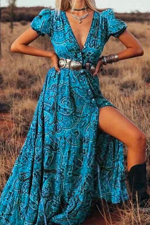 Bohemia V Neck Short Sleeve Printed Swing Dress Blue