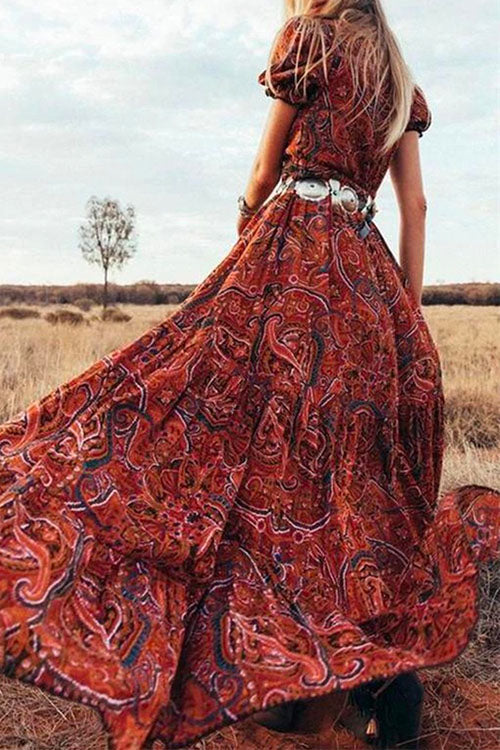 Bohemia V Neck Short Sleeve Printed Swing Dress