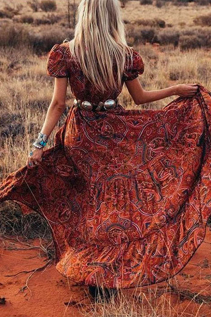 Bohemia V Neck Short Sleeve Printed Swing Dress