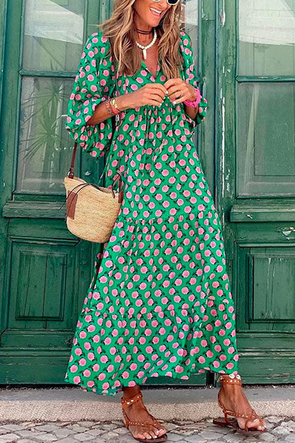 Puff Sleeve Geometry Printed Swing Dress Green