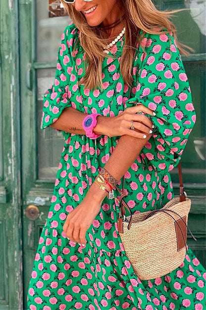Puff Sleeve Geometry Printed Swing Dress