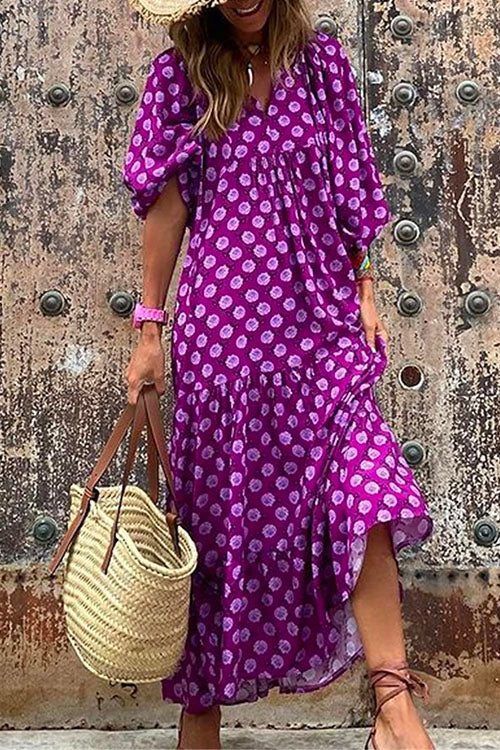 Puff Sleeve Geometry Printed Swing Dress Purple
