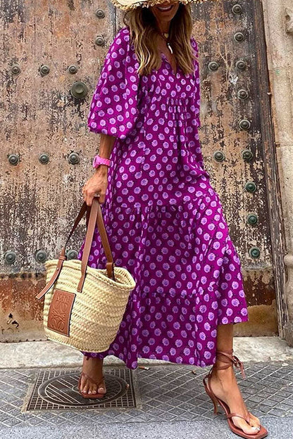 Puff Sleeve Geometry Printed Swing Dress