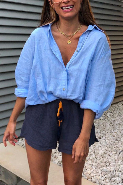 Lapel Button Down Long Sleeve Shirt Blue