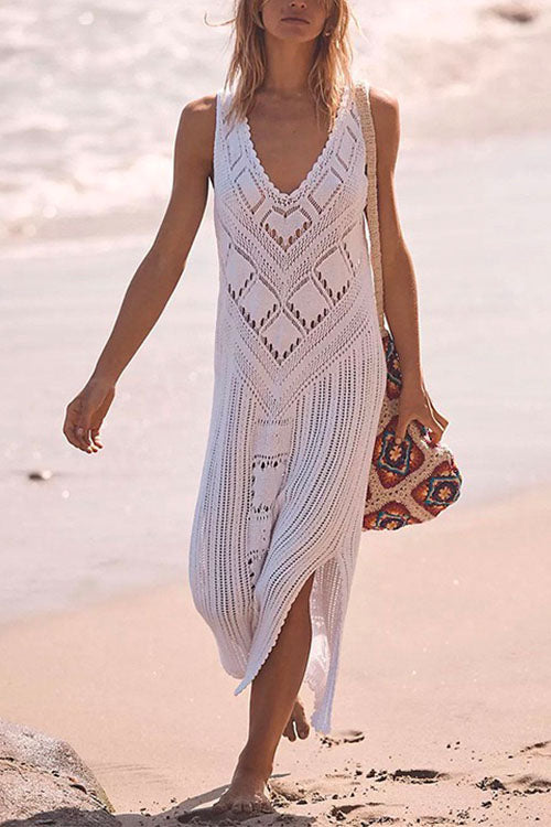 Sleeveless Hollow Out Side Split Cover Up Dress White OneSize