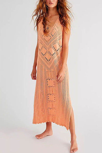 Sleeveless Hollow Out Side Split Cover Up Dress Yellow OneSize