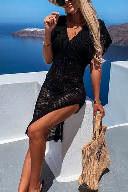 Wrap V Neck Tie Waist Side Split Cover Up Dress Black OneSize