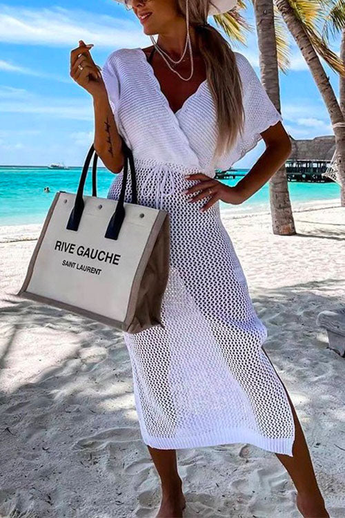 Wrap V Neck Tie Waist Side Split Cover Up Dress