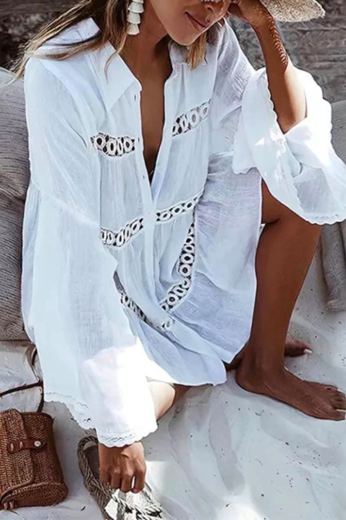 Long Sleeve Beach Lace Shirt Dress White OneSize