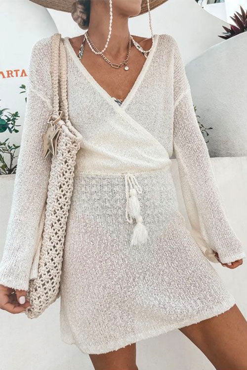 Fashion Style Wrap V Neck Tie Waist Beach Dress White OneSize