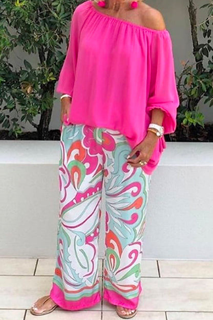 Crewneck Long Sleeve T-shirt and Wide Leg Printed Pants Set Pink