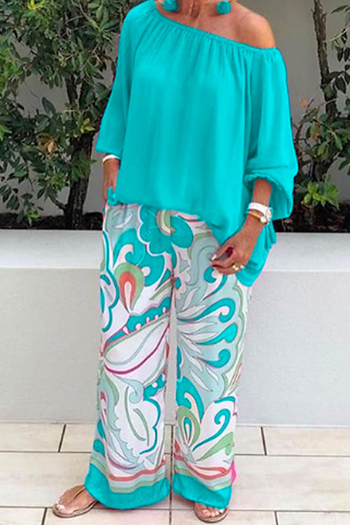 Crewneck Long Sleeve T-shirt and Wide Leg Printed Pants Set Green