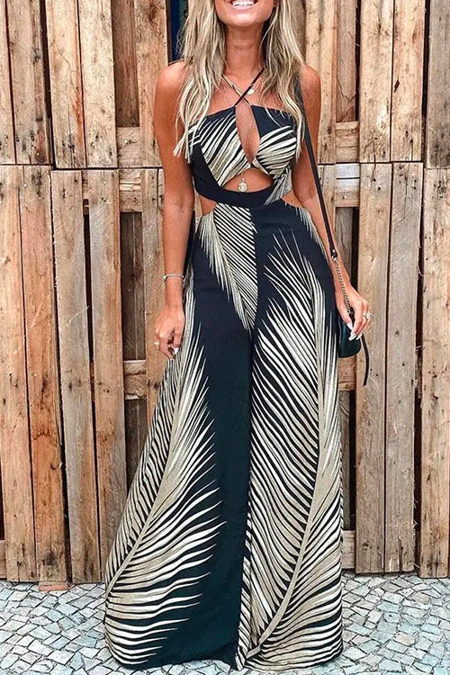 Halter Cut Out Printed Beach Jumpsuit