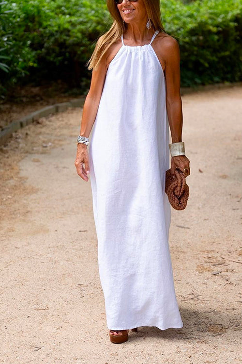 Halter Sleeveless Cotton Linen Beach Dress White
