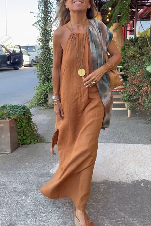 Halter Sleeveless Cotton Linen Beach Dress Camel