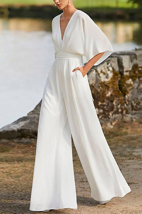 Deep V Neck High Waist Wide Leg Jumpsuit White