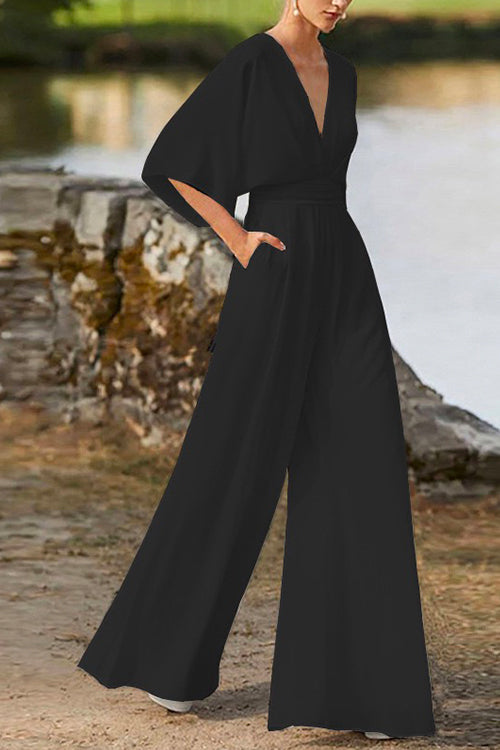 Deep V Neck High Waist Wide Leg Jumpsuit Black