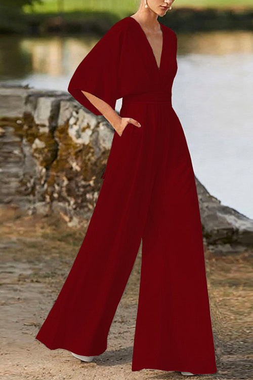 Deep V Neck High Waist Wide Leg Jumpsuit Burgundy
