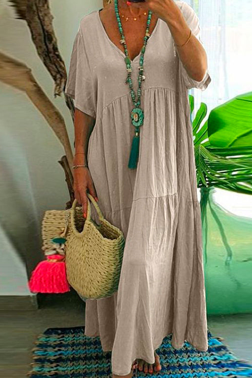 Fashion Style V Neck Short Sleeve Swing Dress Khaki