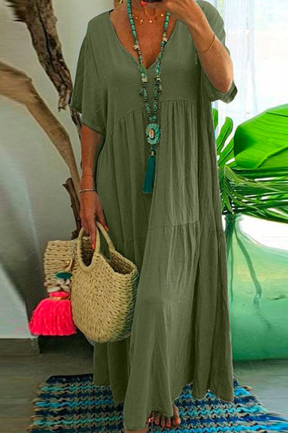 Fashion Style V Neck Short Sleeve Swing Dress DarkGreen