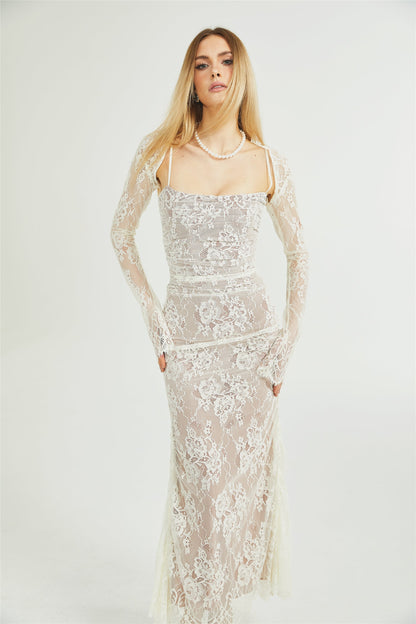Valérie white floral lace mesh maxi dress