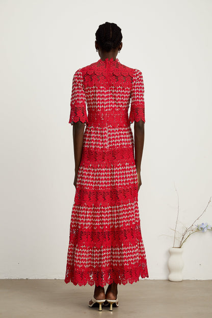 Chantal red scallop-pattern lace-panel maxi dress