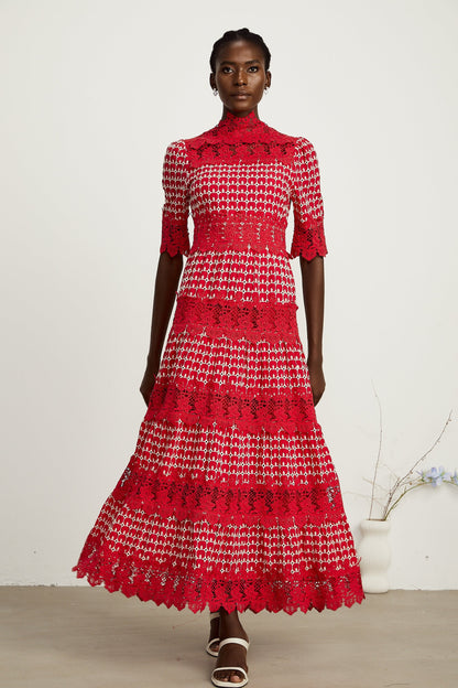 Chantal red scallop-pattern lace-panel maxi dress