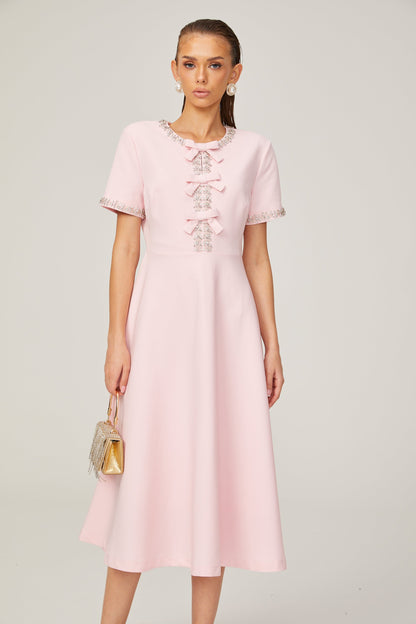 Cassi crystal-accented pink bow midi dress