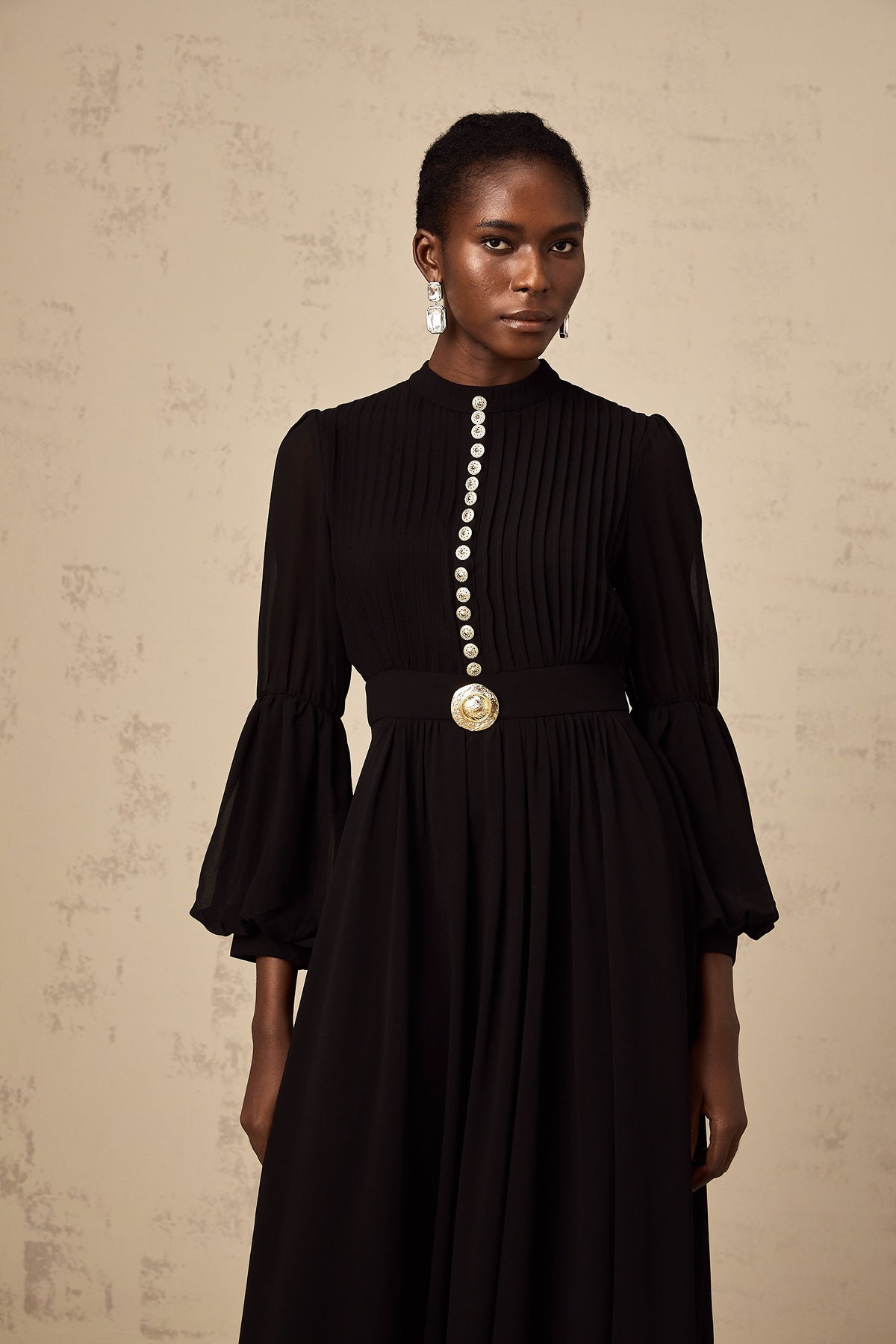 Viviane black pleated button-front midi dress
