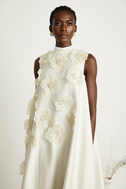 Émilie sleeveless floral-applique midi dress in White